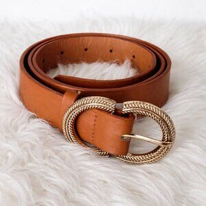 Tan Cognac Statement Belt Gold Double Ring Buckle Chic Fashion Belt  Size: Large